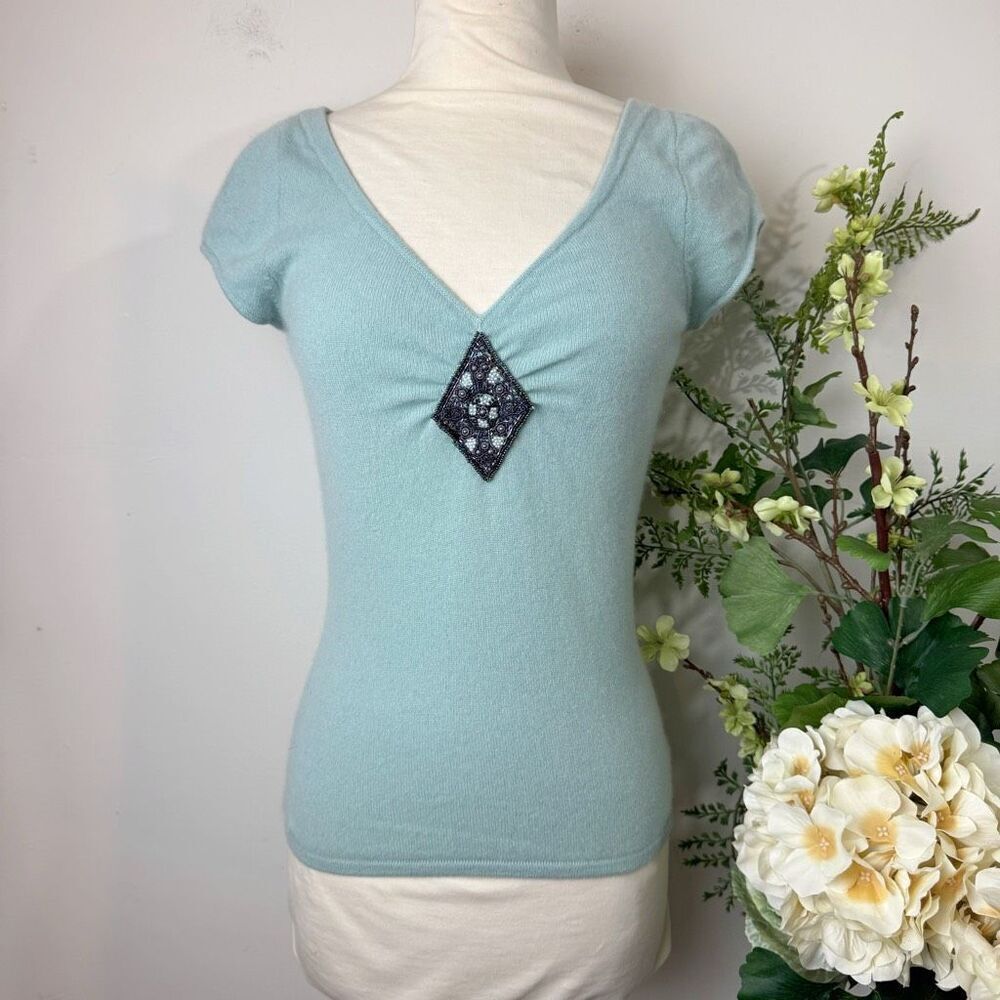 Dana Buchman Aqua Cashmere Cap Sleeve Sweater Top with Beaded Accent | medium